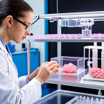 **A laboratory scene showcasing bioprinting technology in action, with scientists from different backgrounds (biologists, engineers) collaborating. Focus on the intricate machinery and the 3D printed tissue scaffold being created. Emphasize the high-tech, innovative nature of the process.**