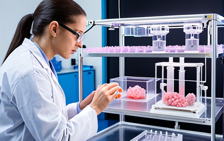**A laboratory scene showcasing bioprinting technology in action, with scientists from different backgrounds (biologists, engineers) collaborating. Focus on the intricate machinery and the 3D printed tissue scaffold being created. Emphasize the high-tech, innovative nature of the process.**